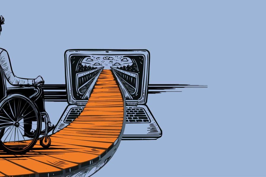 Rollstuhlfahrer auf einem Holzsteg, der in einen Bildschirm eine Laptops führt