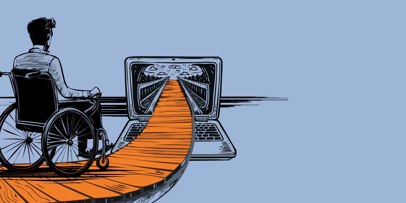 Rollstuhlfahrer auf einem Holzsteg, der in einen Bildschirm eine Laptops führt