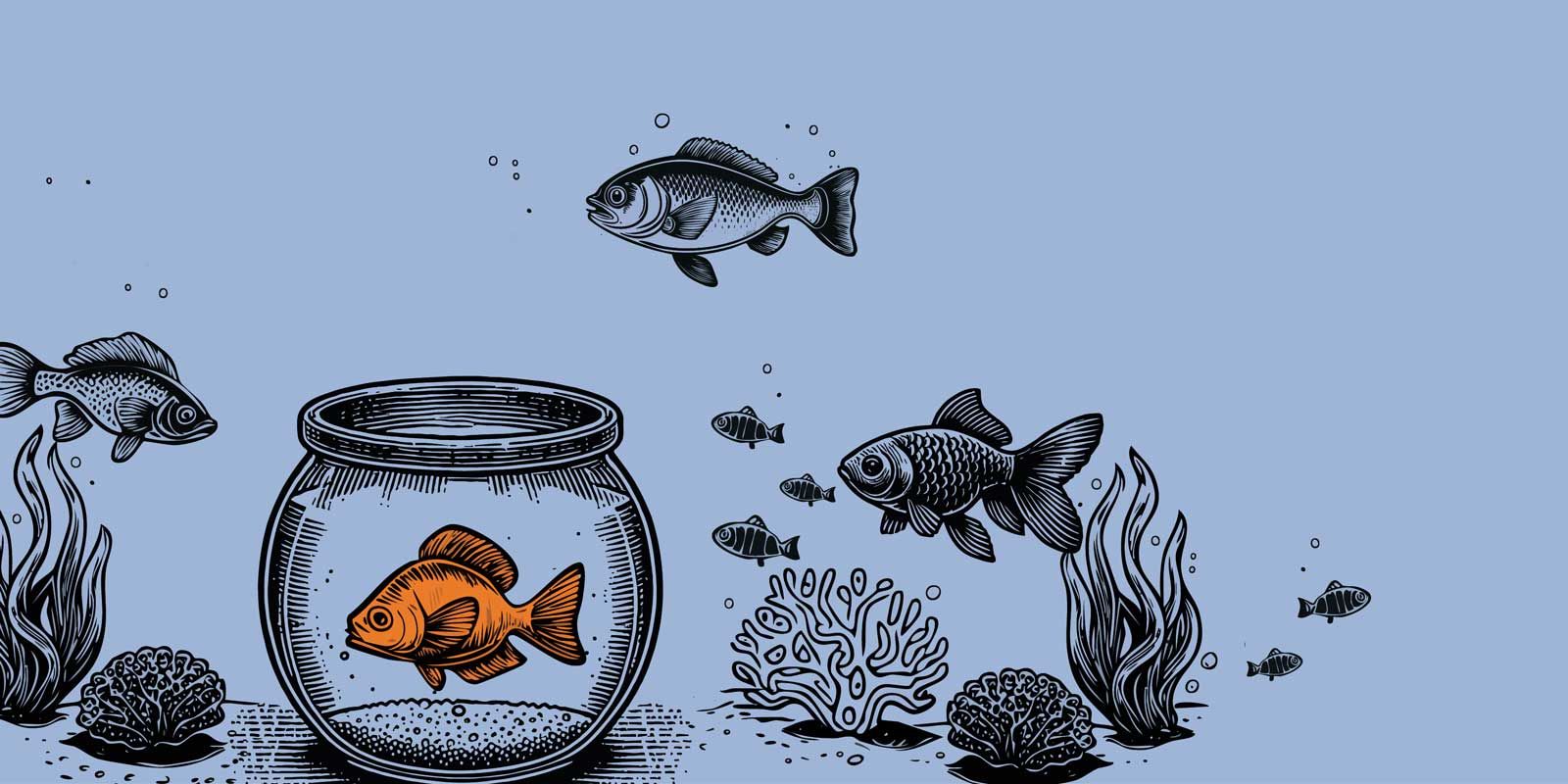 Illustration ein Goldfisch im Glas innerhalb eines Aquariums