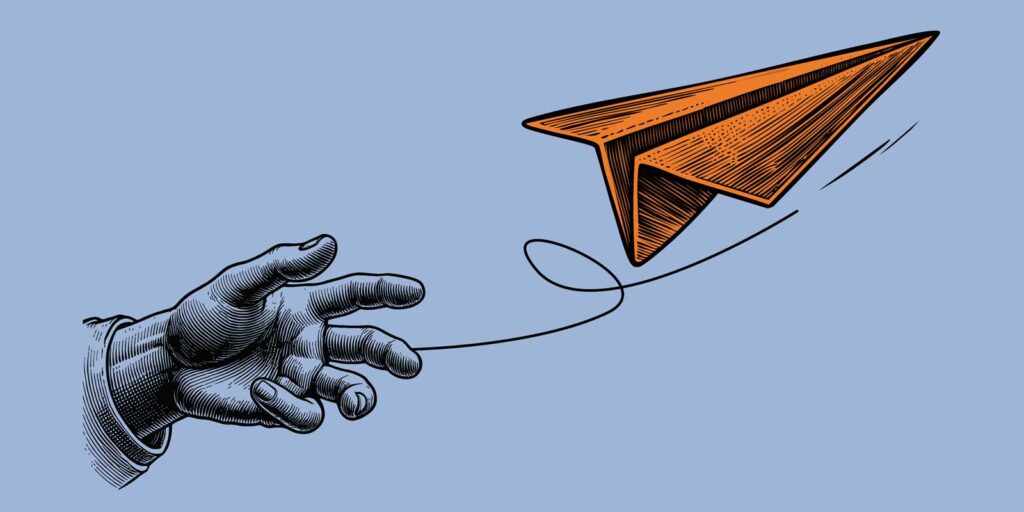 Illustration Papierflieger wird von einer Hand losgelassen zum fliegen